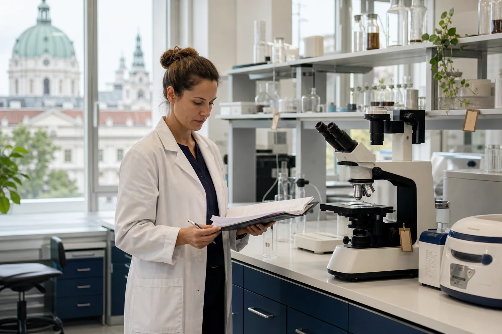 Laboratory manager reviewing microscope maintenance